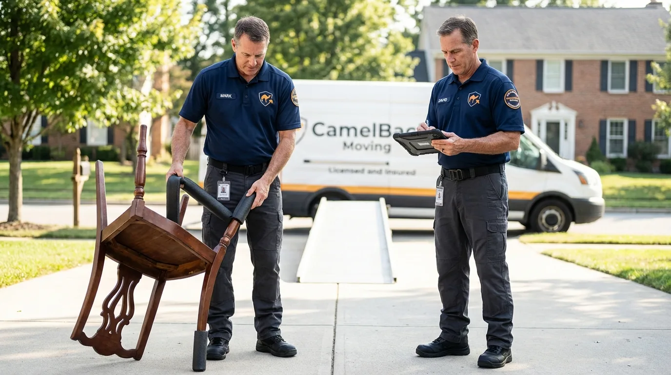 Movers inspecting furniture for damage prevention before loading in Kemmerer, WY